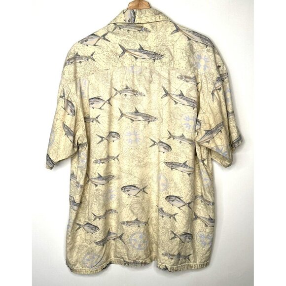 Columbia Mens Shirt Allover Fish Print Short Sleeve Button Up Tan Beige Medium - Picture 2 of 11